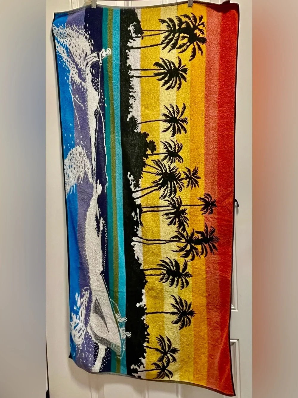 Vintage 1980s Jay Franco Surfer Beach Towel Retro Neon Sunset Palm Trees 27x53.5